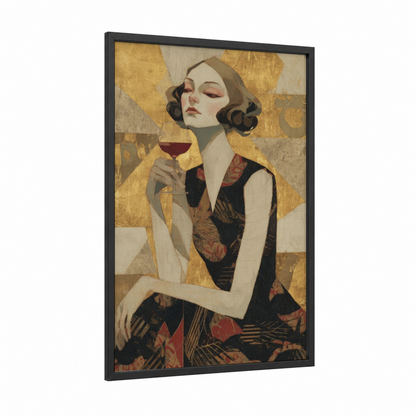 Elegant Wine Portrait framed red wine print — black wood frame — yellow gold and black and gold palette