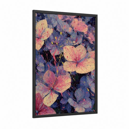 Cosmic Hydrangea framed art print — black wood frame — blue and pink palette