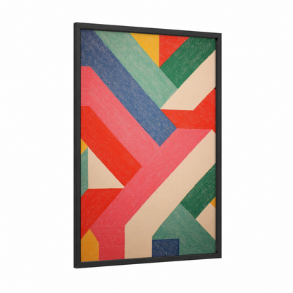Vibrant Chevron framed abstract geometric print — black wood frame — red and blue palette