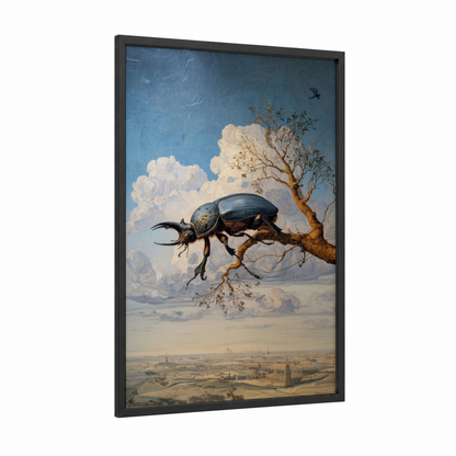Surreal Beetle framed art print — black wood frame — blue and cream palette
