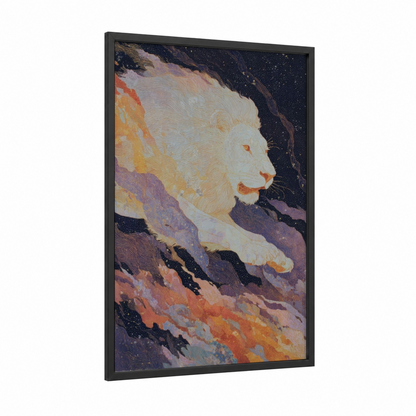 Celestial Lion framed leo print — black wood frame — gold and black and gold palette