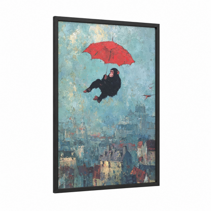Red Umbrella Chimp framed chimpanzee print — black wood frame — blue and white and red palette