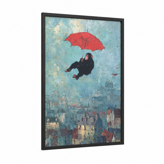 Red Umbrella Chimp framed chimpanzee print — black wood frame — blue and white and red palette