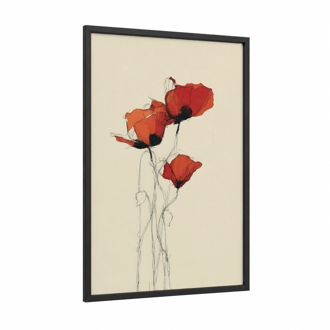Vibrant Poppy Trio framed poppies print — black wood frame — red and cream palette