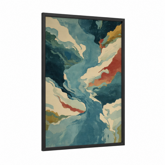 Cascading Waterfall framed art print — black wood frame — teal and cream palette