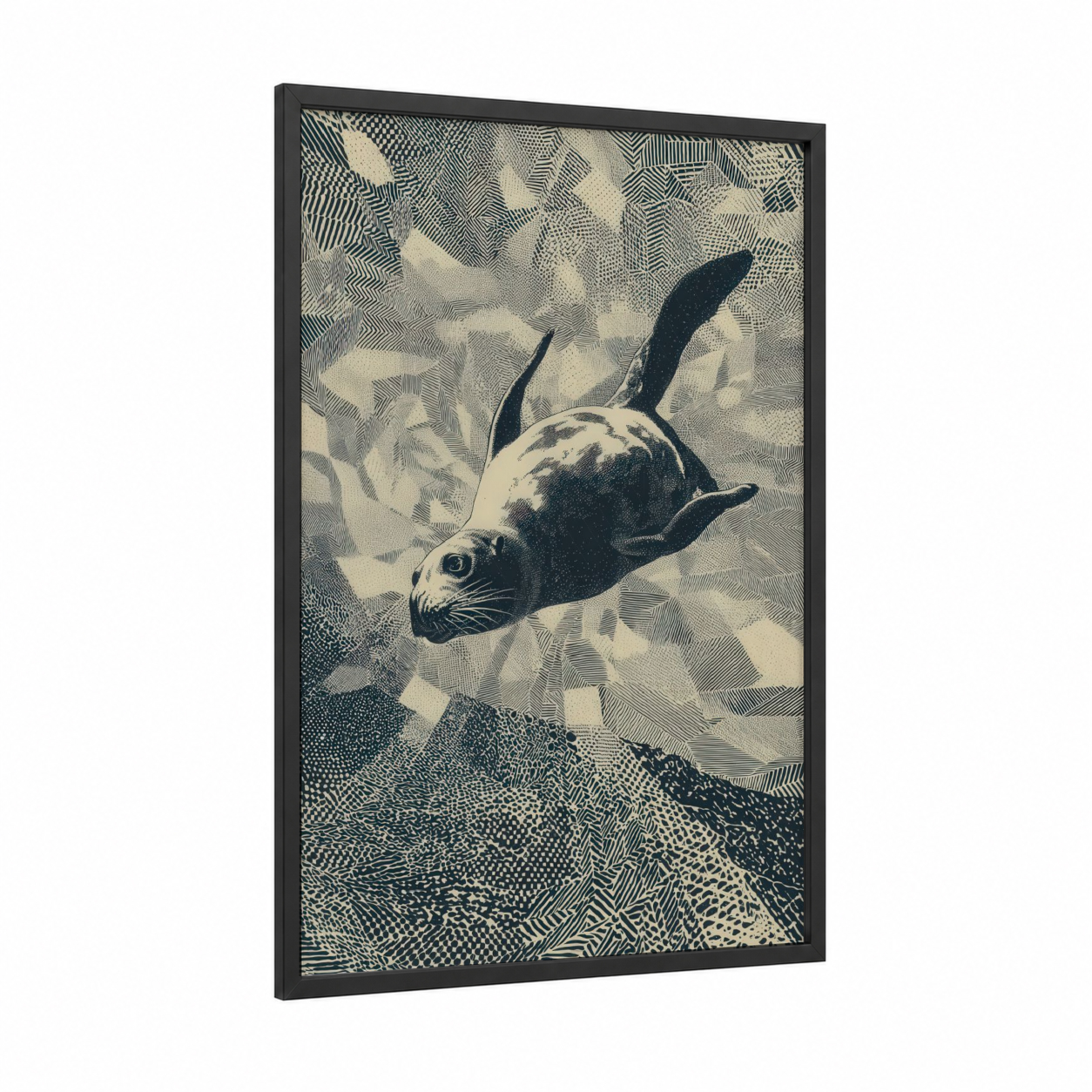 Diving Seal framed art print — black wood frame — black and white palette