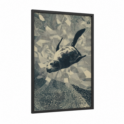 Diving Seal framed art print — black wood frame — black and white palette