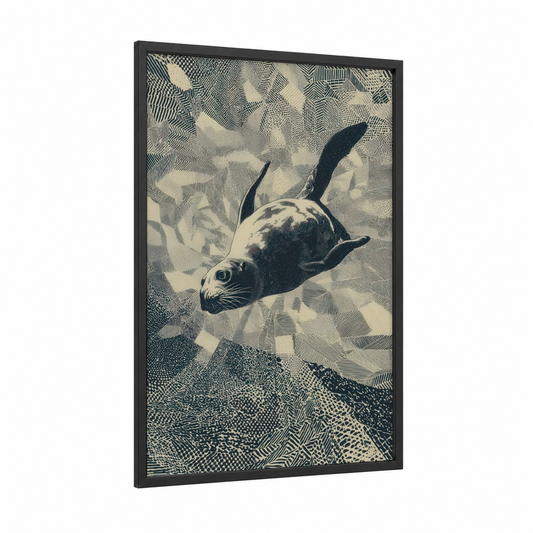 Diving Seal framed art print — black wood frame — black and white palette