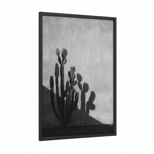 Desert Cactus framed art print — black wood frame — black and white and gray palette