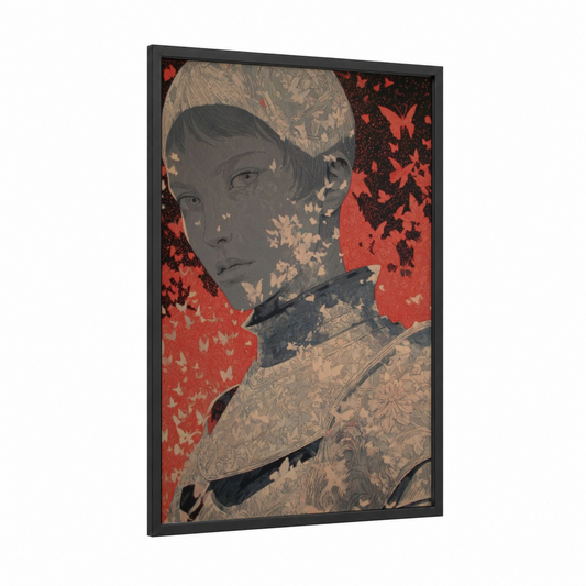 Armored Maiden framed joan of arc print — black wood frame — red and black and white palette