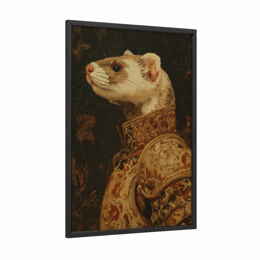 Noble Weasel framed art print — black wood frame — gold and russet palette