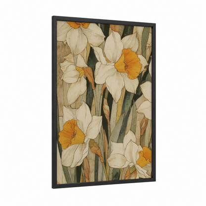 Golden Daffodils framed art print — black wood frame — gold and cream palette