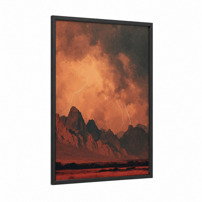 Crimson Storm Lightning framed art print — black wood frame — russet and red palette
