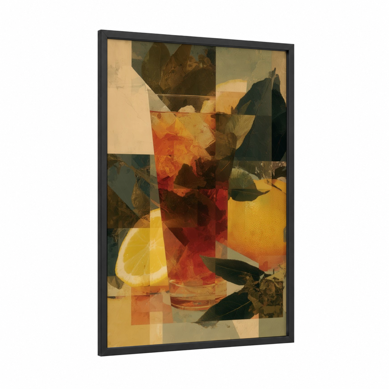 Citrus Refreshment framed iced tea print — black wood frame — gold and red palette