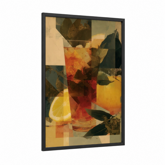Citrus Refreshment framed iced tea print — black wood frame — gold and red palette