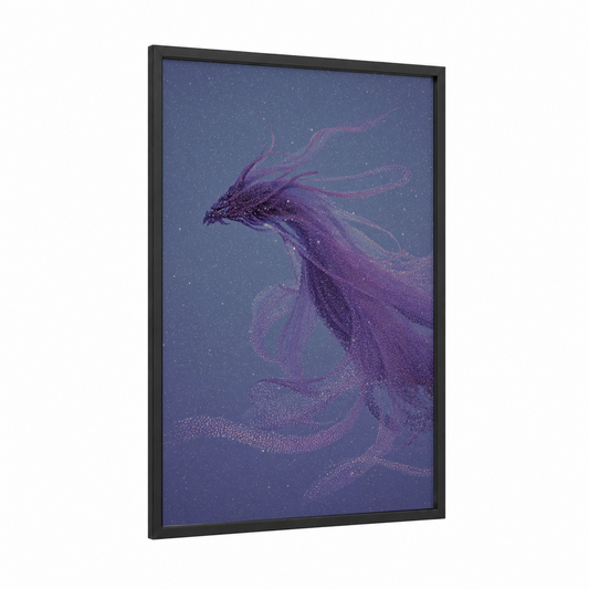 Cosmic Dragon framed art print — black wood frame — blue and magenta palette