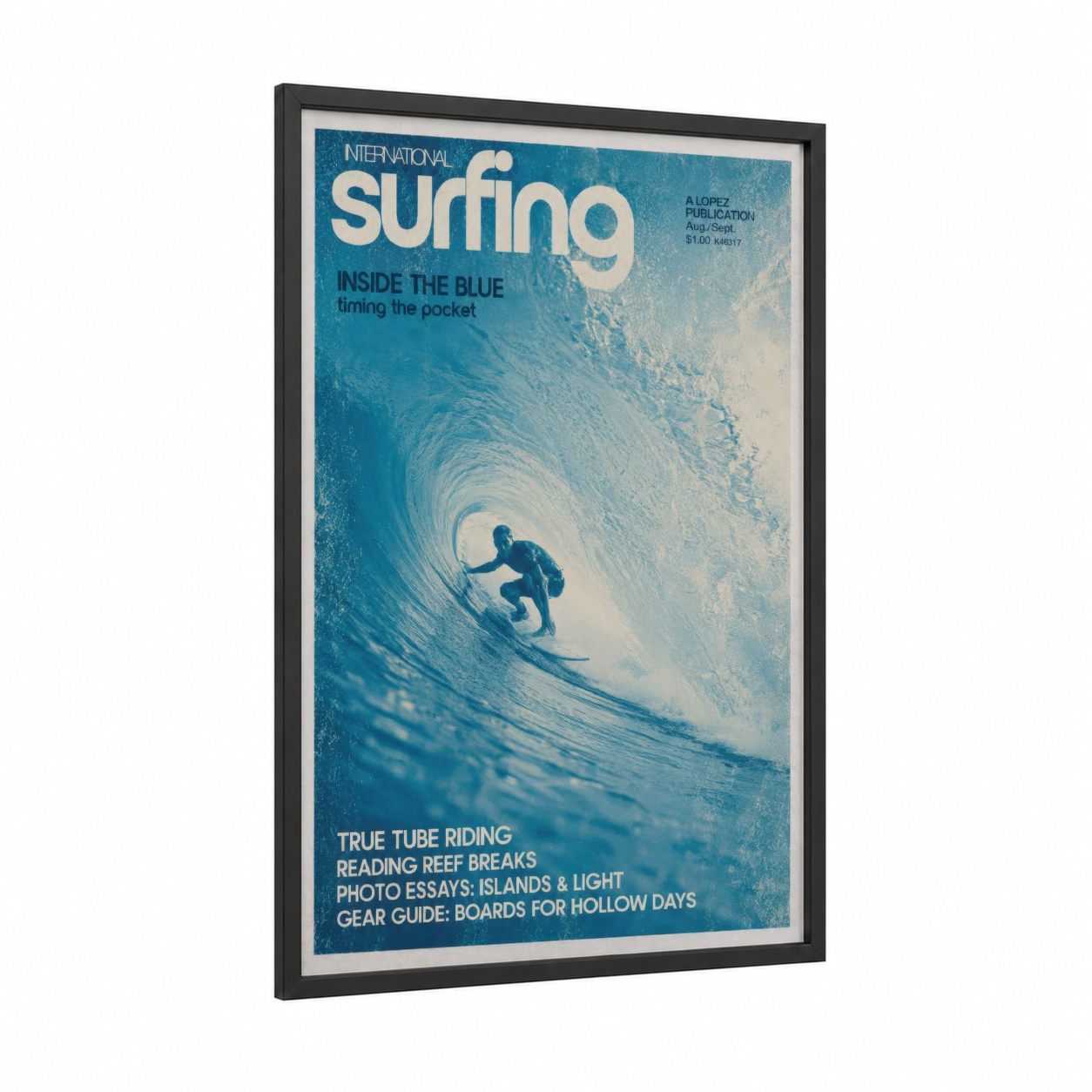 Vintage Surfing Magazine Cover Wall Art framed water surfing print — black wood frame — blue and turquoise palette