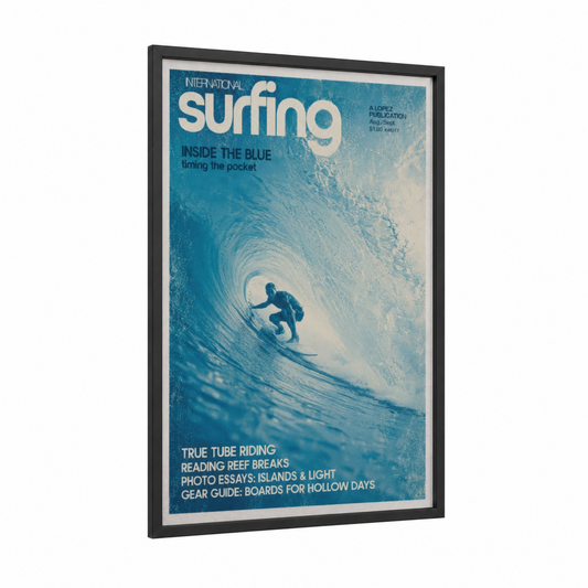 Vintage Surfing Magazine Cover Wall Art framed water surfing print — black wood frame — blue and turquoise palette