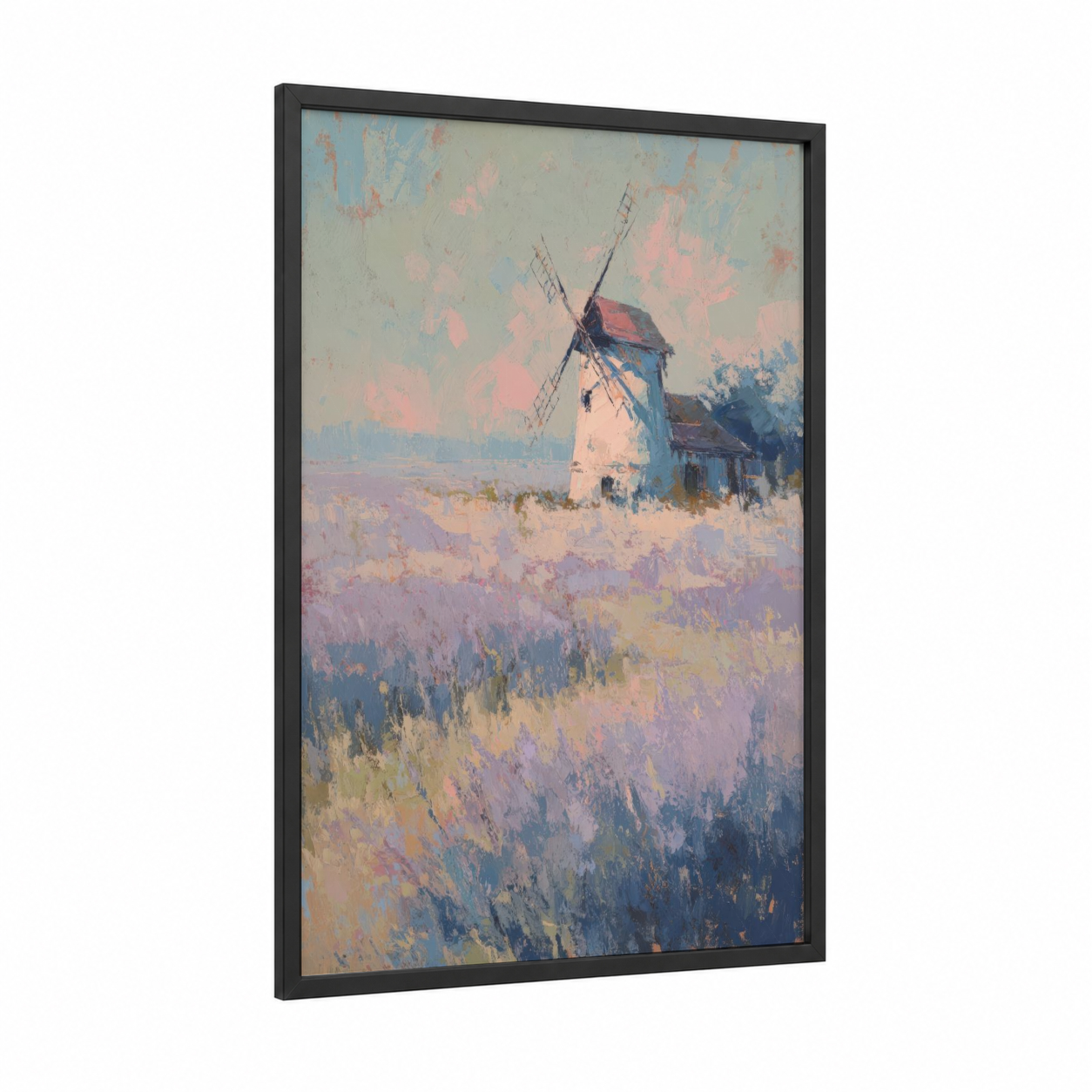 Lavender Windmill framed windmills print — black wood frame — lavender and cream palette