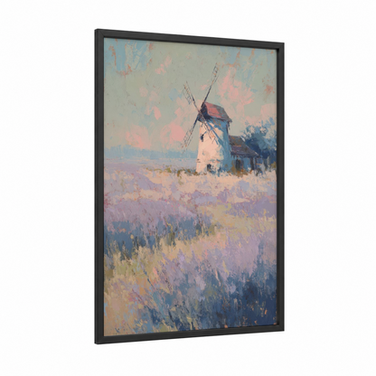 Lavender Windmill framed windmills print — black wood frame — lavender and cream palette