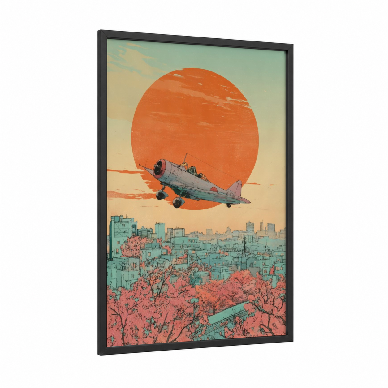 Sunset Biplane framed vintage airplane print — black wood frame — peach and sage green palette