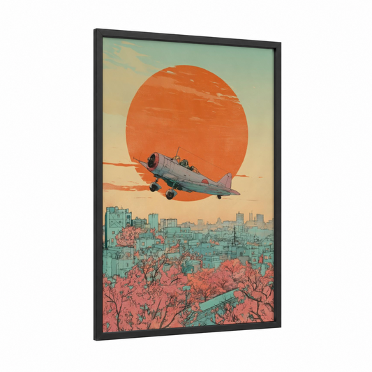 Sunset Biplane framed vintage airplane print — black wood frame — peach and sage green palette