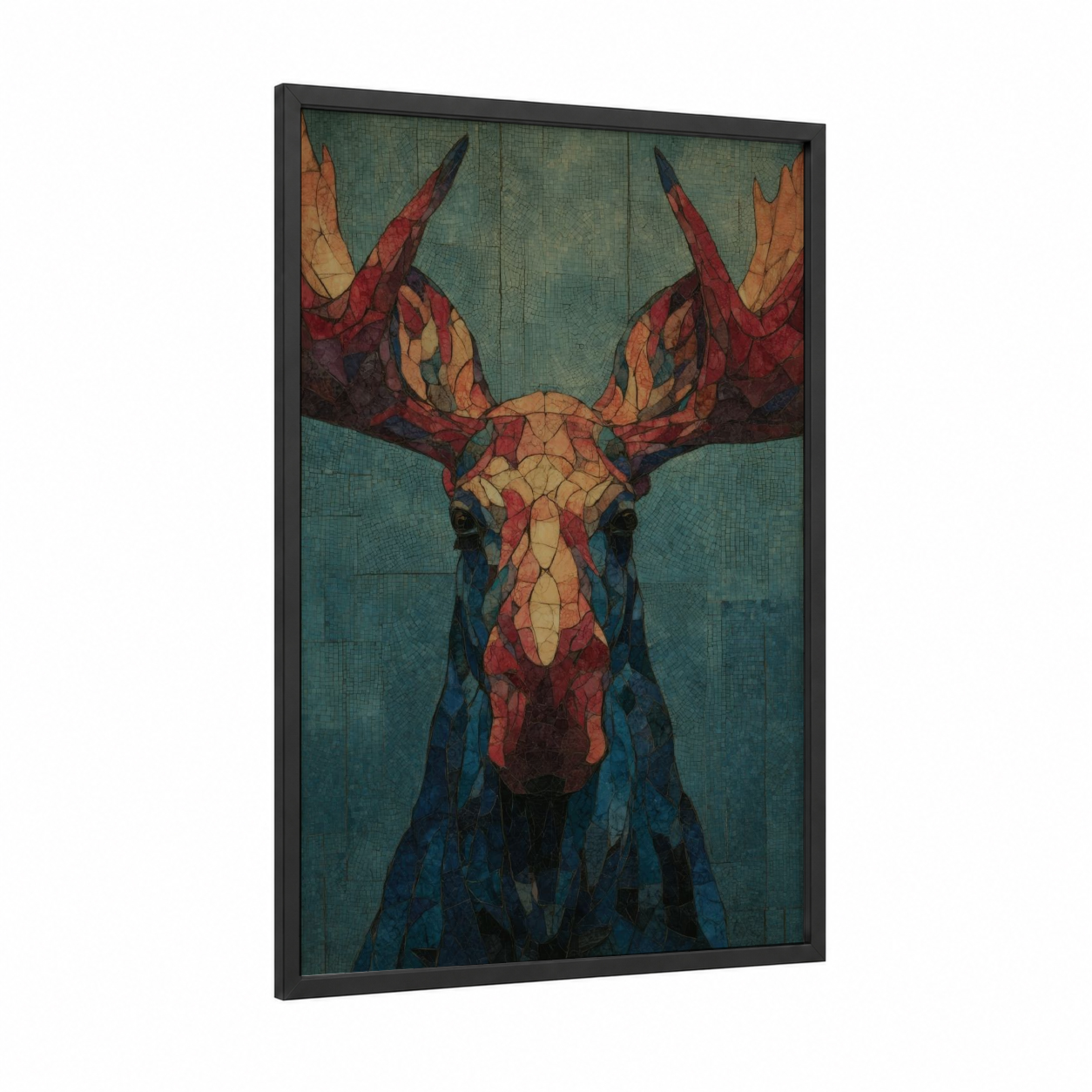Geometric Moose framed art print — black wood frame — teal and russet palette