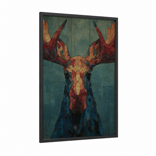 Geometric Moose framed art print — black wood frame — teal and russet palette