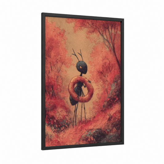 Crimson Ant Solitude framed art print — black wood frame — red and gold palette