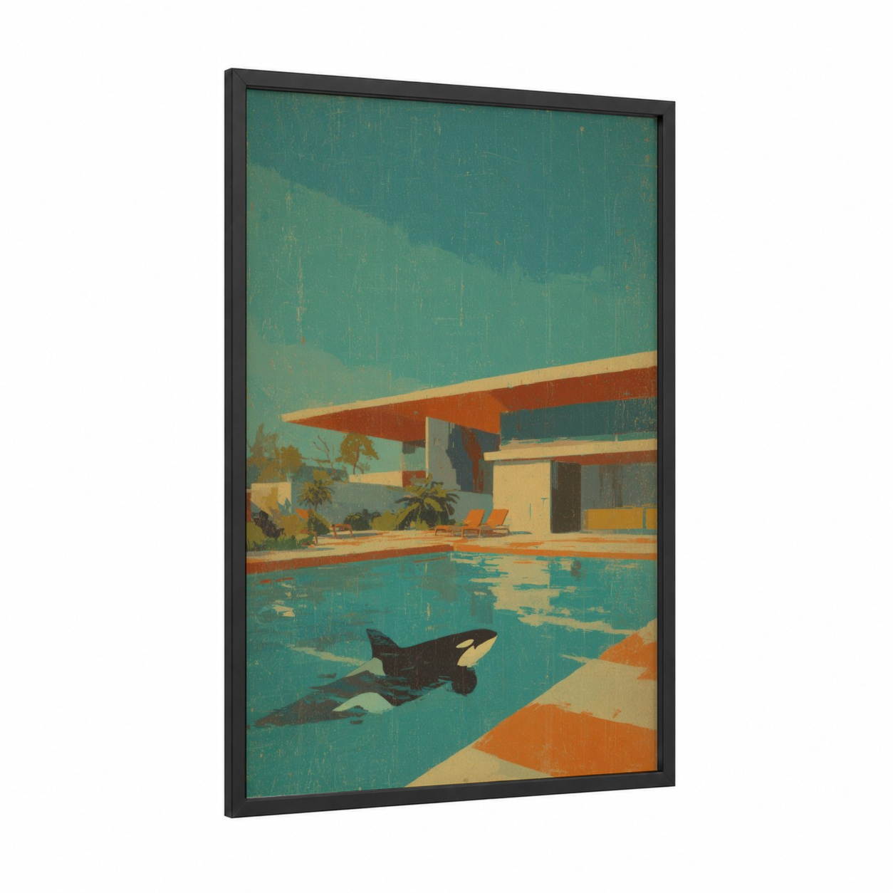 Poolside Orca framed orca whale print — black wood frame — teal and orange palette