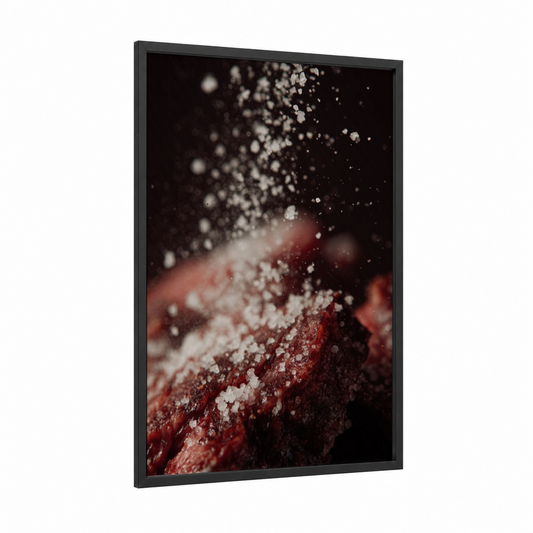 Salted Meat Close-up framed art print — black wood frame — maroon and black palette