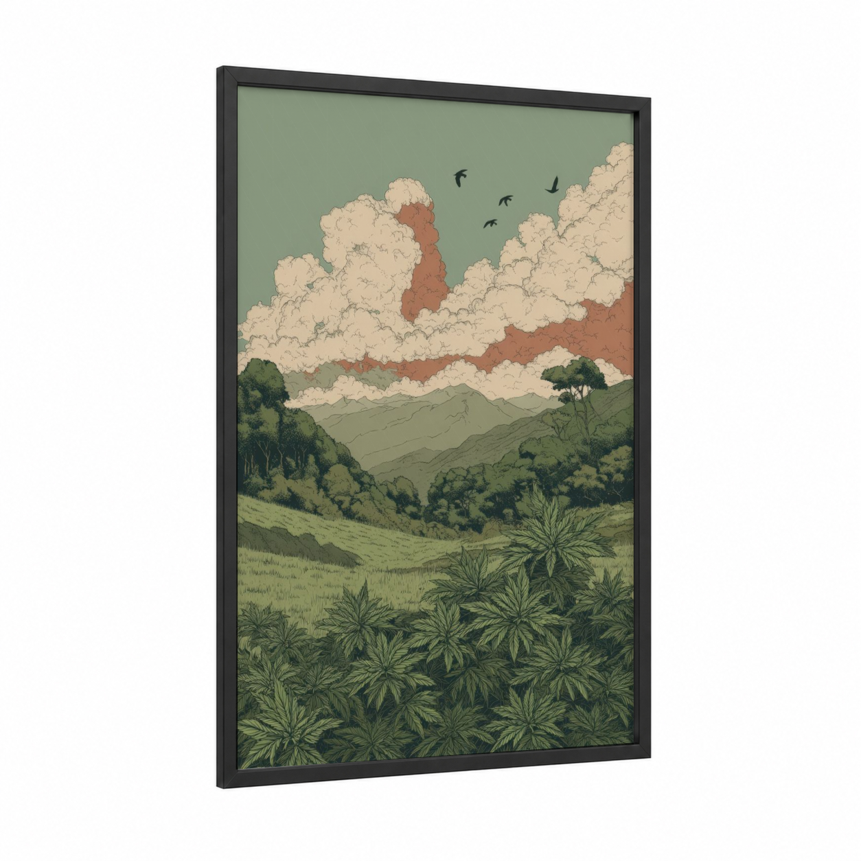 Misty Mountain Cannabis framed art print — black wood frame — sage green and cream palette