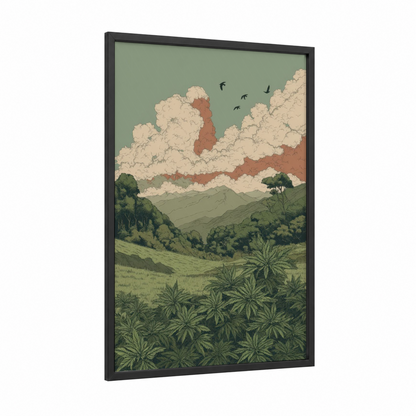 Misty Mountain Cannabis framed art print — black wood frame — sage green and cream palette