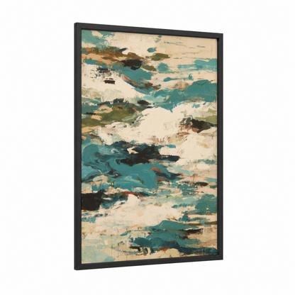 Coastal Horizons framed abstract expressionism print — black wood frame — teal and cream palette