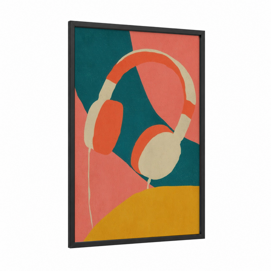 Retro Headphones framed art print — black wood frame — orange and teal palette