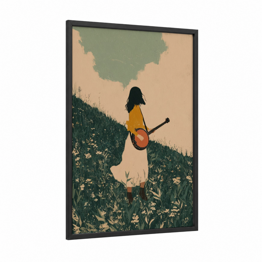 Acoustic Musician framed art print — black wood frame — sage green and cream palette