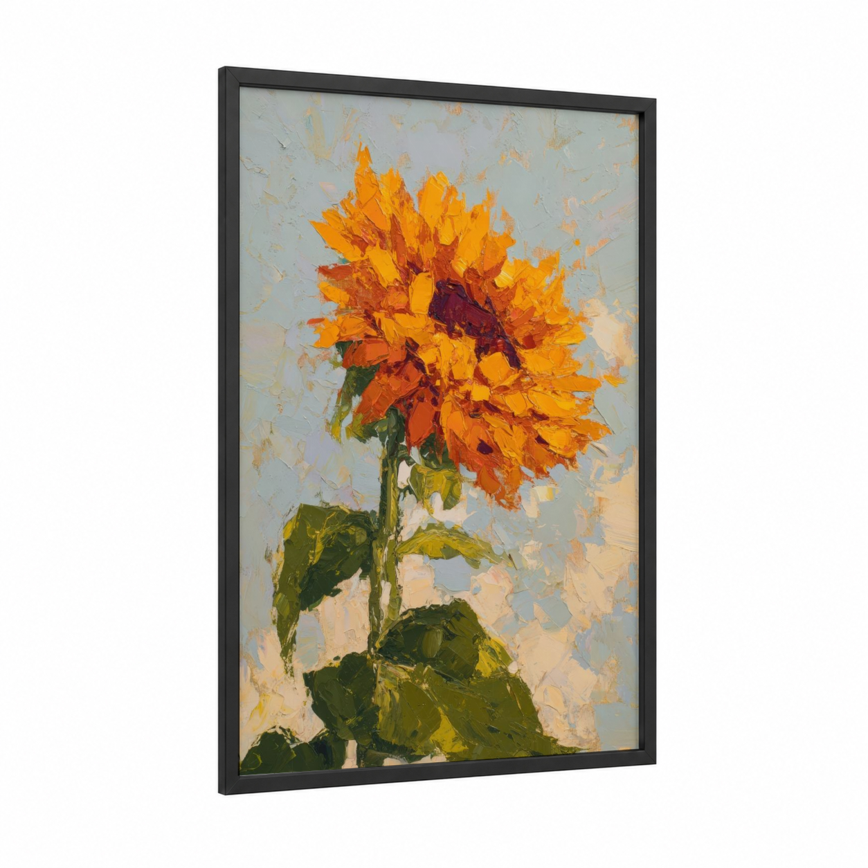 Golden Sunflower framed art print — black wood frame — gold and orange palette