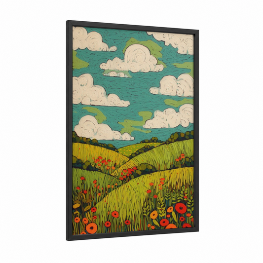 Spring Meadow framed art print — black wood frame — teal and lime green palette