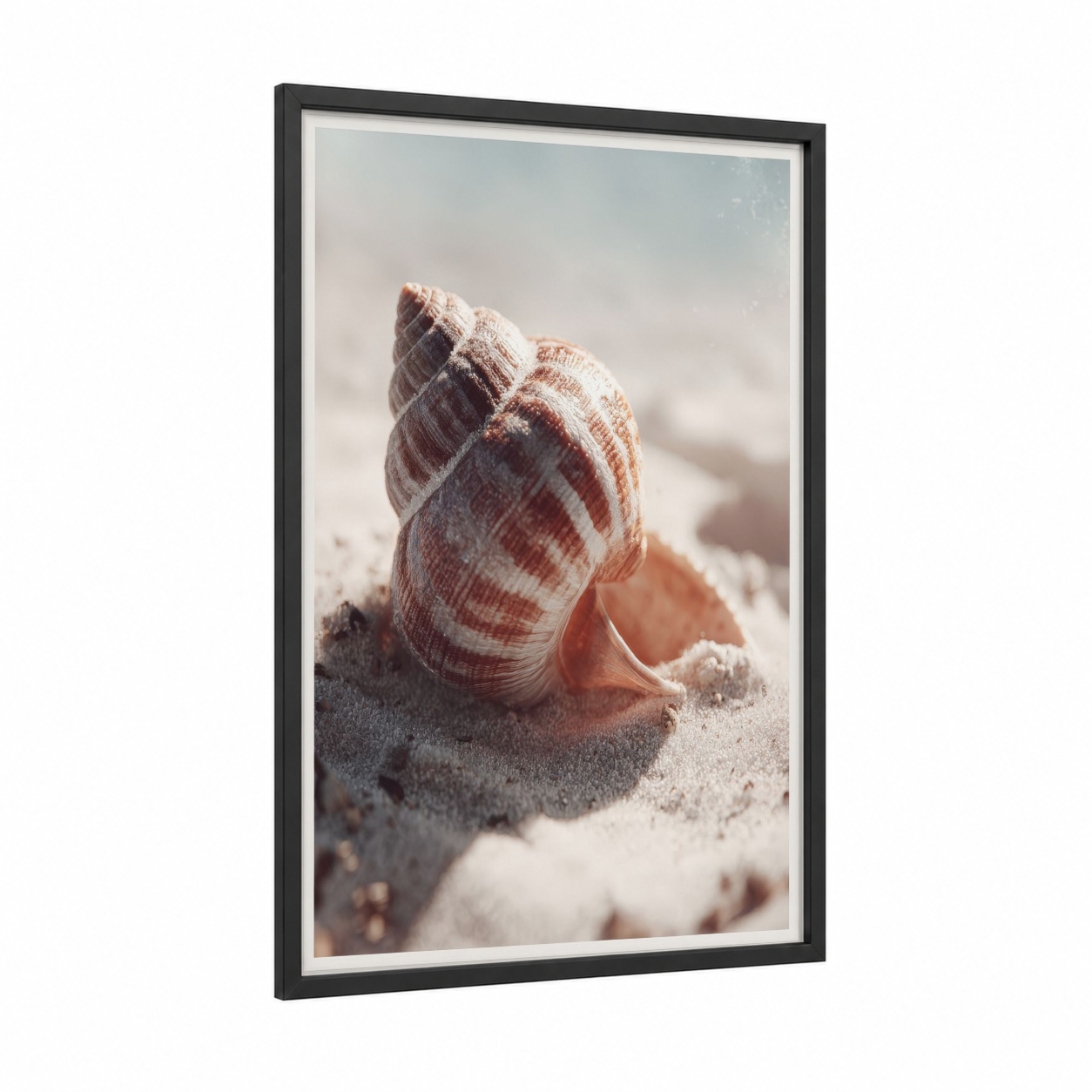 Sandy Seashell framed art print — black wood frame — salmon pink and beige palette