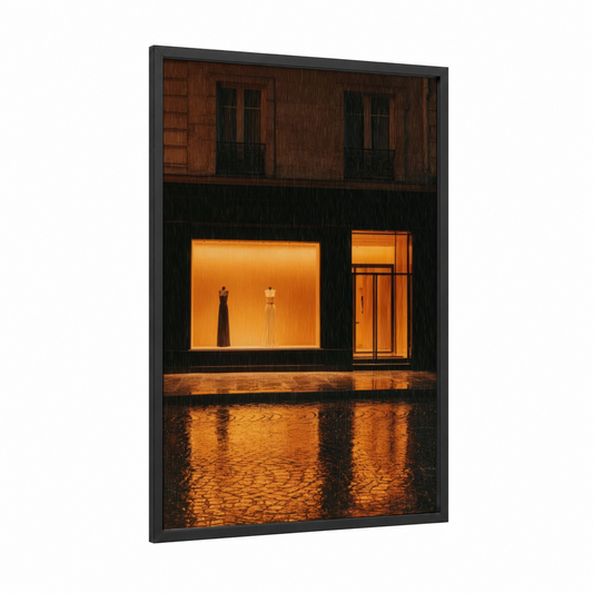Neon Storefront framed art print — black wood frame — orange and black palette