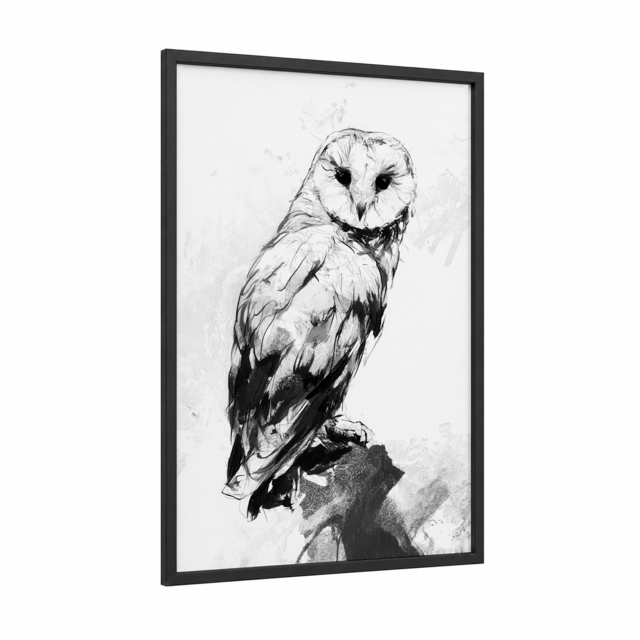 Barn Owl Portrait framed art print — black wood frame — black and white palette