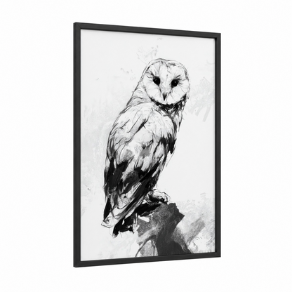 Barn Owl Portrait framed art print — black wood frame — black and white palette