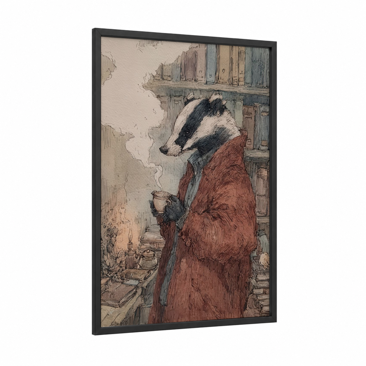 Cozy Badger framed art print — black wood frame — russet and cream palette
