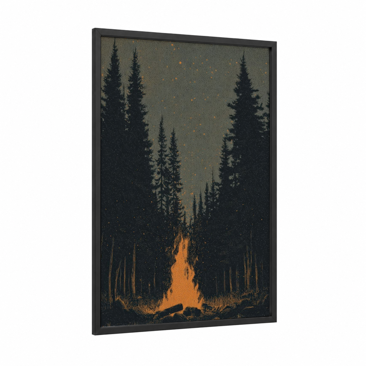 Forest Campfire framed camping print — black wood frame — black and gold palette