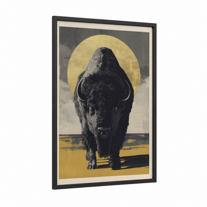 Golden Bison framed art print — black wood frame — gold and black and white palette
