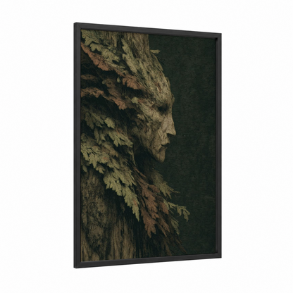 Forest Elf framed art print — black wood frame — dark green and russet palette