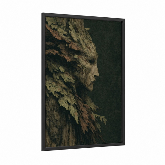 Forest Elf framed art print — black wood frame — dark green and russet palette