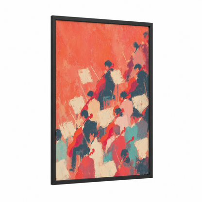 Classical Orchestra framed art print — black wood frame — orange and teal palette