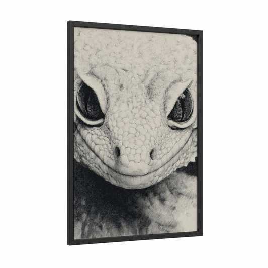 Pale Gecko Portrait framed lizard print — black wood frame — black and white palette