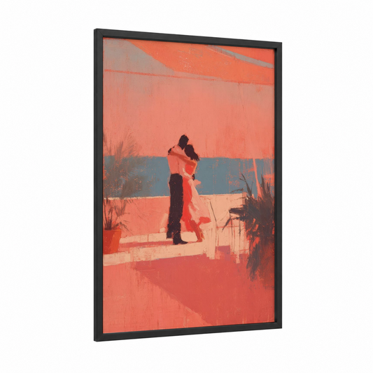 Sunset Dance Embrace framed ballroom dance print — black wood frame — orange and teal palette